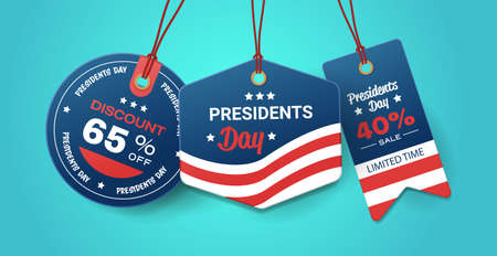 happy presidents day holiday sale concept american flag colors price paper label tags set with text special offer discount flat horizontal blue background vector illustrationのイラスト素材