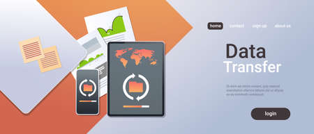 data transfer cloud computer connection database synchronize concept top angle view desktop tablet smartphone financial analysis office stuff horizontal copy space vector illustrationのイラスト素材