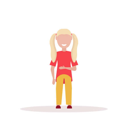 happy blonde girl standing pose little child female cartoon character full length flat white...
