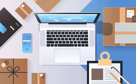 online shopping express shipping delivery service concept top angle view desktop laptop smartphone cardboard parcel box office stuff horizontal vector illustrationのイラスト素材