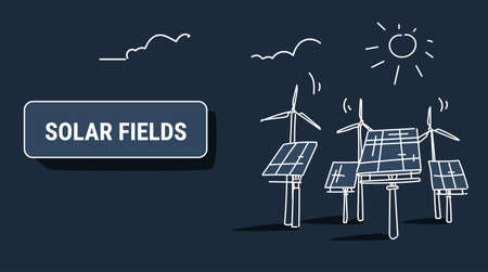 wind turbine solar energy panel fields renewable station alternative electricity source concept photovoltaic district sketch dark background horizontal vector illustrationのイラスト素材
