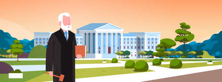 judge man court worker in judicial robe holding book and hummer standing in front of courthouse exterior landscape background horizontal portrait vector illustrationのイラスト素材