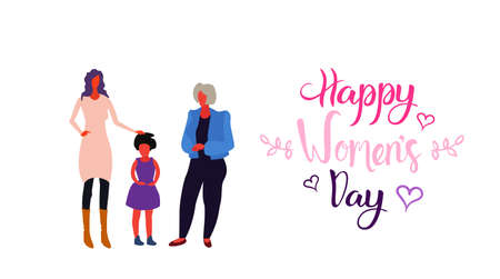 happy three generations women standing together international 8 march day celebrating concept female cartoon characters full length horizontal greeting card vector illustrationのイラスト素材