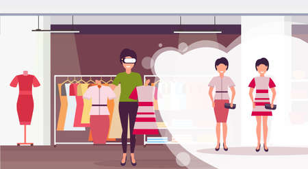 saleswoman holding dress wearing digital glasses virtual reality girls buyers headset vision concept female clothes shopping mall fashion boutique interior flat horizontal vector illustrationのイラスト素材