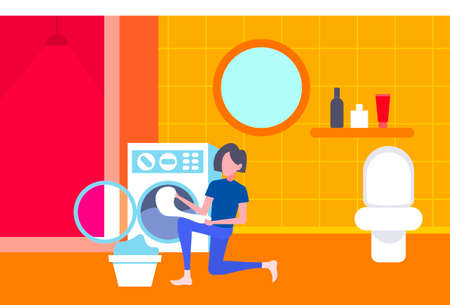 woman putting dirty clothes in washing machine housewife doing housework laundry room interior cartoon character full length flat horizontal vector illustrationのイラスト素材