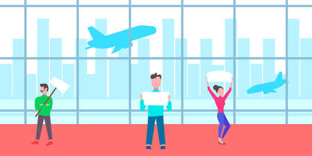 group of people holding meeting placard empty signboard in airport waiting hall departure arrival terminal interior full length flat horizontal vector illustrationのイラスト素材