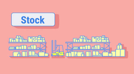 forklift in big warehouse interior empty no people storage logistic delivery service stock concept shelves with cardboard boxes sketch flow style horizontal banner vector illustrationのイラスト素材