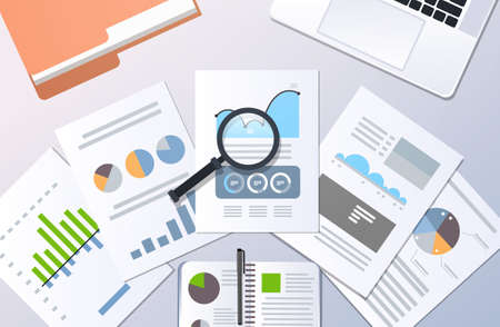 analysis financial results finance business chart graph diagram statistic concept top angle view desktop laptop paper documents report office stuff horizontal vector illustrationのイラスト素材