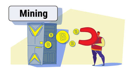 man holding magnet pulling bitcoin coins from mining farm server room crypto currency concept...