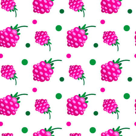 pink raspberries ripe berries seamless pattern white background flat vector illustrationのイラスト素材