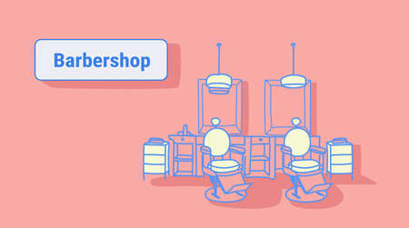 retro style haircut chairs modern beauty salon interior barbershop empty no people hairdressing contemporary room sketch doodle horizontal vector illustrationのイラスト素材