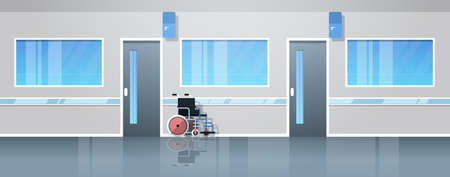 hospital corridor hall with wheelchair medical equipment empty no people clinic interior flat horizontal banner vector illustrationのイラスト素材