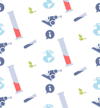 biology science education experiment concept scientific laboratory equipment seamless pattern test tube microscope globe white background flat vector illustrationのイラスト素材