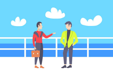 two businessmen having outdoor meeting couple business men talking about new project standing near fence by the river partnership concept flat full length horizontal vector illustrationのイラスト素材
