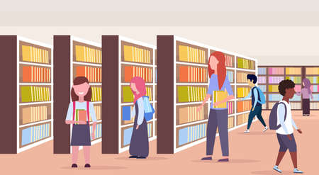 mix race students choosing books pupols near bookshelves rows modern library interior reading education knowledge concept flat horizontal full length vector illustrationのイラスト素材