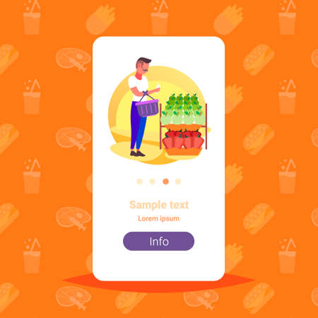 man customer checking shopping list choosing fruits food big grocery shop supermarket interior guy buyer super market concept full length copy space flat vector illustrationのイラスト素材