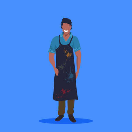 african american man painter in dark apron standing pose happy male cartoon character full length flat blue background vector illustrationのイラスト素材