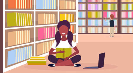 african american girl student sitting lotus pose reading book near bookshelf modern library interior education knowledge concept flat horizontal full length vector illustrationのイラスト素材