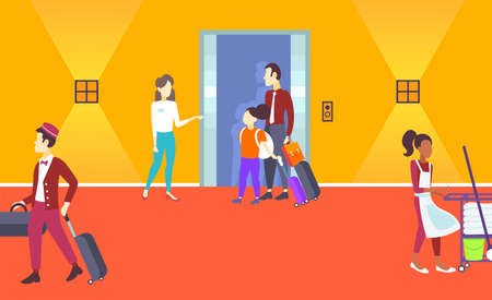 manager receptionist welcoming father daughter arriving tourists standing near elevator doors service staff concept modern hotel interior horizontal full length flat vector illustrationのイラスト素材