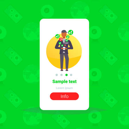 male security guard worker using mobile application social media concept man in uniform holding smartphone safety service system full length flat vertical copy space vector illustrationのイラスト素材