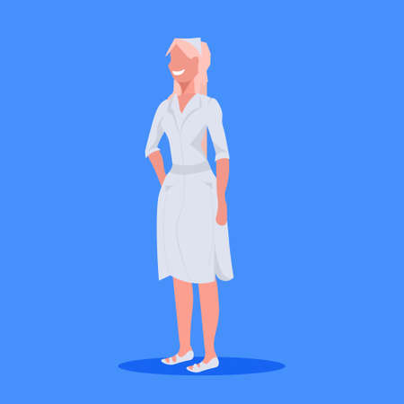 female doctor nurse blonde woman medical clinic worker in white uniform professional occupation concept cartoon character full length flat blue background vector illustrationのイラスト素材