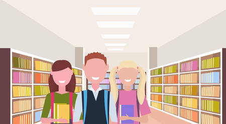 students holding books happy pupils standing near bookshelves modern library interior reading education knowledge concept portrait flat horizontal vector illustrationのイラスト素材