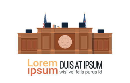 empty courtroom with judge workplace chairs and table modern courthouse wooden furniture justice and jurisprudence concept white background copy space horizontal vector illustrationのイラスト素材