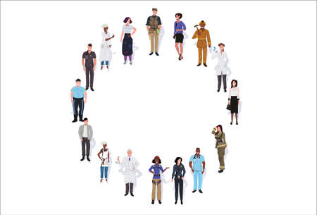 mix race people group different occupation standing together in circle male female workers full length horizontal banner flat white background vector illustrationのイラスト素材