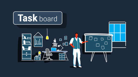 businessman planning weekly meeting schedule on task board with stickers notes to do list business...
