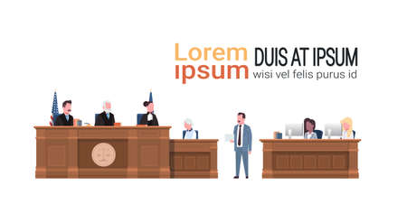 law process with judge secretary suspect and lawyer or attorney giving a speech court session white...
