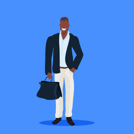 happy african american businessman holding briefcase business man office worker male cartoon character full length standing pose flat blue background vector illustrationのイラスト素材