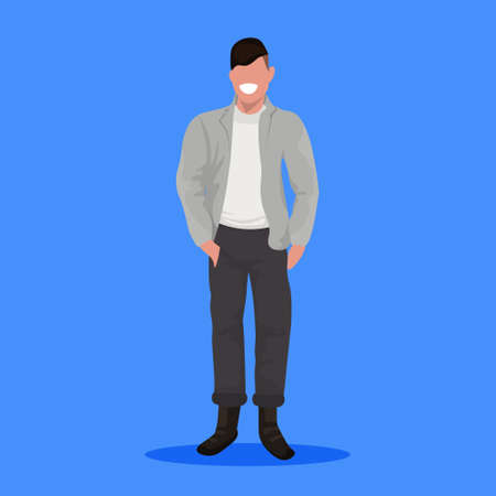 happy man in casual clothes standing pose guy with hands in pockets male cartoon character full length flat blue background vector illustrationのイラスト素材