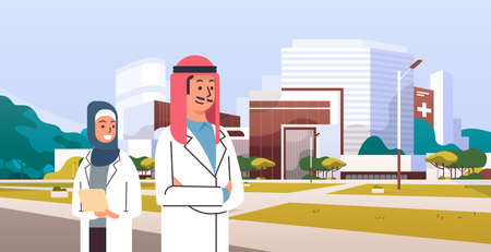 arabic couple man woman doctors in hijab and white uniform standing together in front of hospital building modern medical clinic exterior cityscape background portrait horizontal vector illustrationのイラスト素材