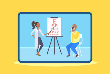 female ophthalmologist checking male patient eyesight doctor in uniform pointing letters at eye chart medicine and healthcare concept oculists office interior horizontal vector illustrationのイラスト素材