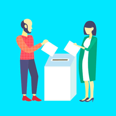 election day concept casual woman man voters couple putting paper ballot list in box during voting...