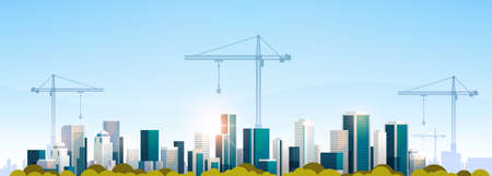 modern city construction site tower cranes building residential buildings cityscape sunset skyline background flat horizontal banner vector illustrationのイラスト素材