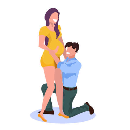 happy man on knee listening his pregnant wife belly cheerful couple man woman embracing pregnancy and parenthood concept flat full length white background vector illustrationのイラスト素材