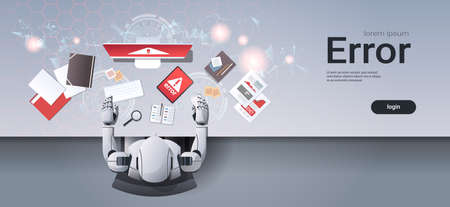 robot using digital devices problem computer application software error humanoid sitting at workplace desk top angle view artificial intelligence technology concept horizontal vector illustrationのイラスト素材