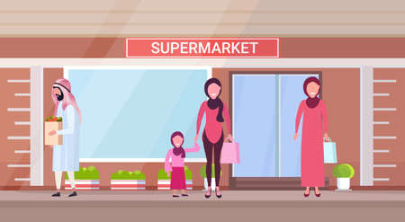 arab people in traditional clothes holding shopping bags with groceries arabic characters standing outdoor modern grocery shop supermarket exterior horizontal vector illustrationのイラスト素材