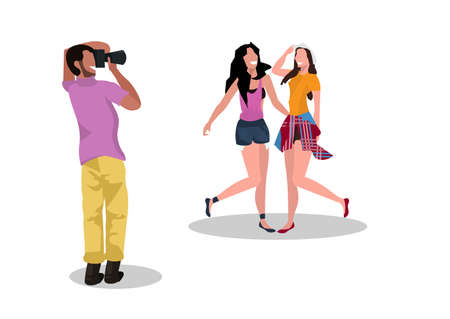 professional man photographer shooting beautiful women fashion models posing together modern photo studio white background horizontal vector illustrationのイラスト素材