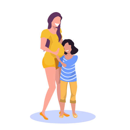 happy daughter listening mothers belly cheerful girl child embracing her mom pregnancy and motherhood concept flat full length white background vector illustrationのイラスト素材