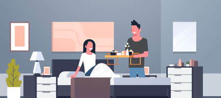 man bringing breakfast for his woman in bed happy 8 march womens day concept husband making surprise to wife modern bedroom interior flat horizontal vector illustrationのイラスト素材