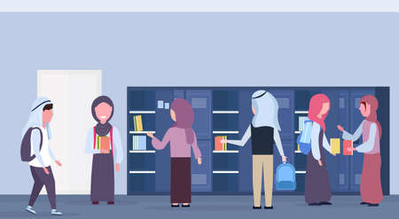 arabic schoolchildren group taking books out of lockers muslim pupils in hijab modern school...