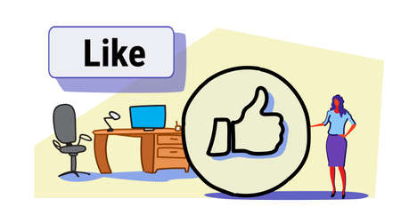 businesswoman with thumbs up symbol like icon successful social media marketing feedback concept...