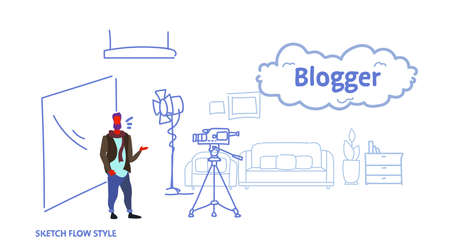 man blogger recording video on camera guy standing modern home living room interior social media blog concept full length sketch flow style horizontal vector illustrationのイラスト素材