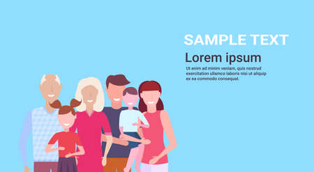 multi-generation family standing together grandparents parents and children gathering concept blue background characters portrait horizontal flat copy space vector illustrationのイラスト素材