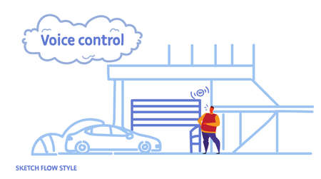 automatic roller blinds controlled by man smart roll up door recognizes commands voice control concept modern garage exterior sketch flow style horizontal vector illustrationのイラスト素材