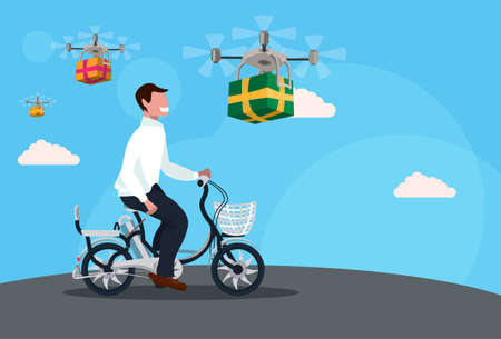 man cycling bicycle drone flying delivery air packages shipment concept guy riding bike male cartoon character full length horizontal flat vector illustrationのイラスト素材