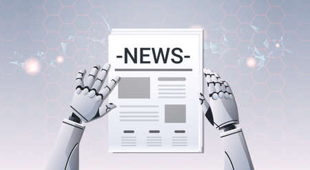 robot hands holding newspaper humanoid reading daily news top angle view artificial intelligence...