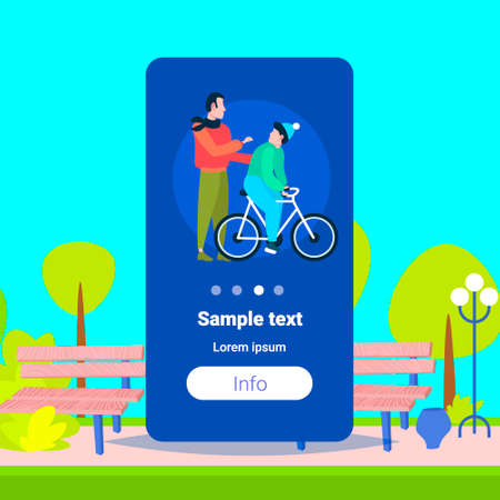 father and son learning to ride a bicycle outdoor man teaching boy cycling bike family having fun together city urban park landscape background flat copy space vector illustrationのイラスト素材